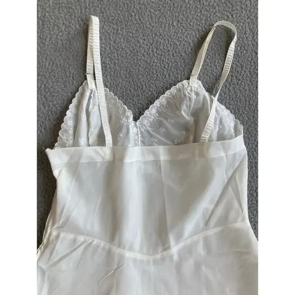 Vintage Slip Chemise Dress Medium 38 Sheer Embroidery White Lingerie Coquette - Picture 14 of 14